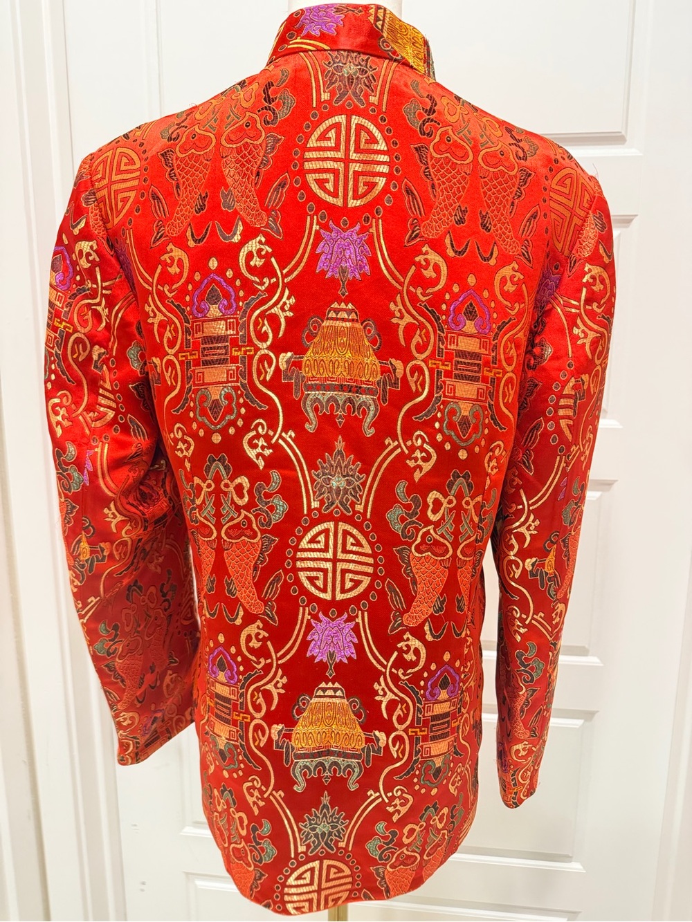 Red Brocade Mandarin Jacket with Gold Embroidery - Picture 4 of 9
